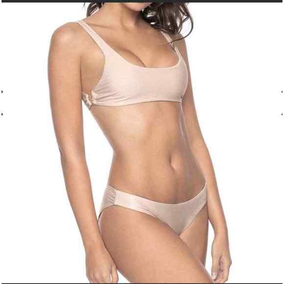 PilyQ Ring Side Shimmery Metallic Halter Top & Ruched bikini Swimsuit set Sz L